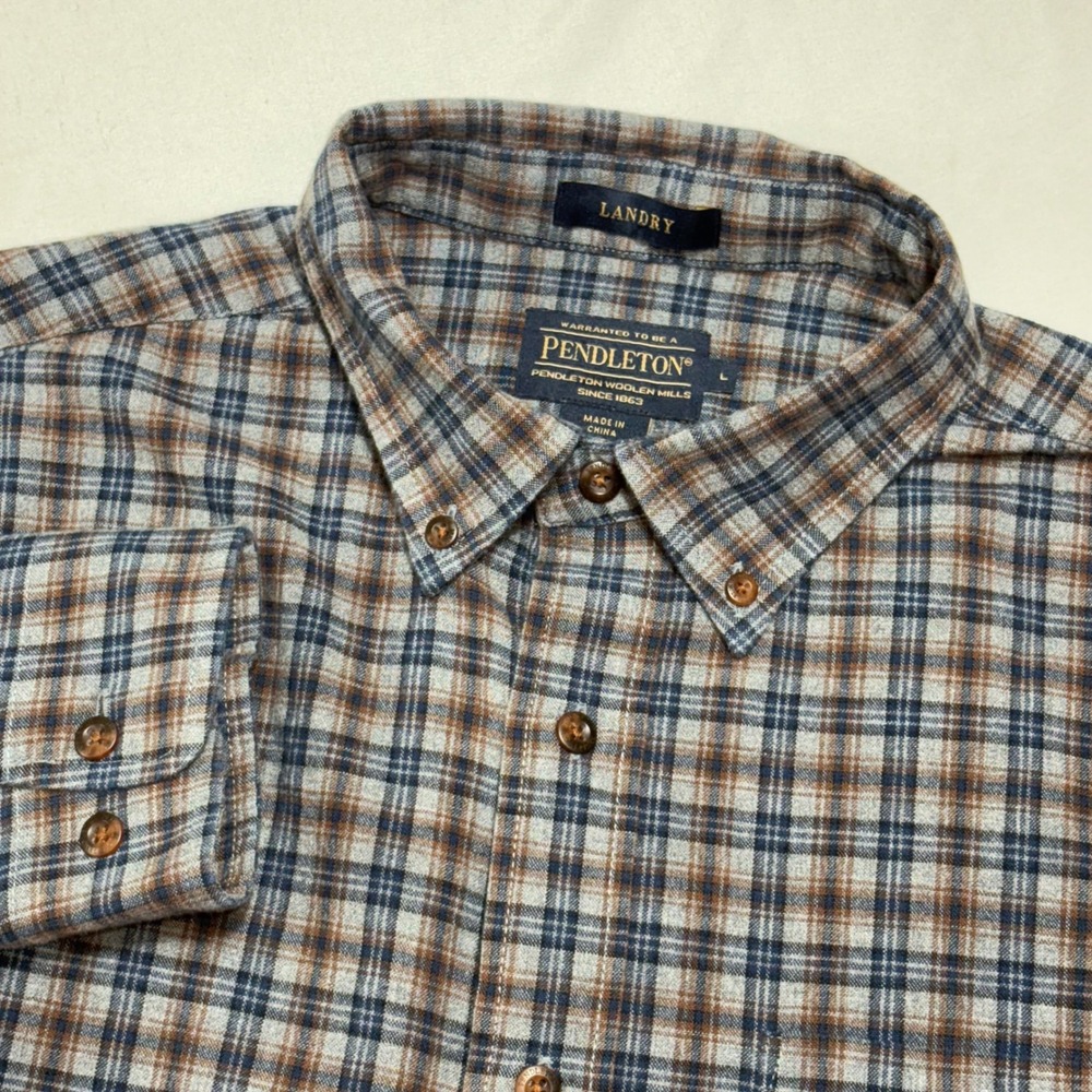 Pendleton Landry Shirt Mens Large Blue Brown Plaid Button Down Flannel Heritage
